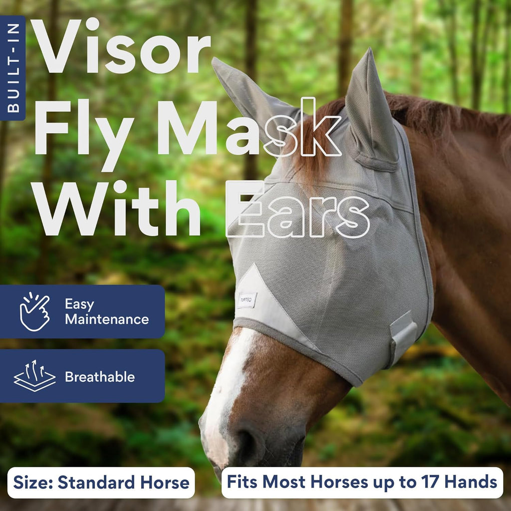 TUFFTEQ Horse Visor Fly Mask With Ears – Plus Size | Built-In UV Visor, Fly Protection, Breathable & Adjustable Secure Fit