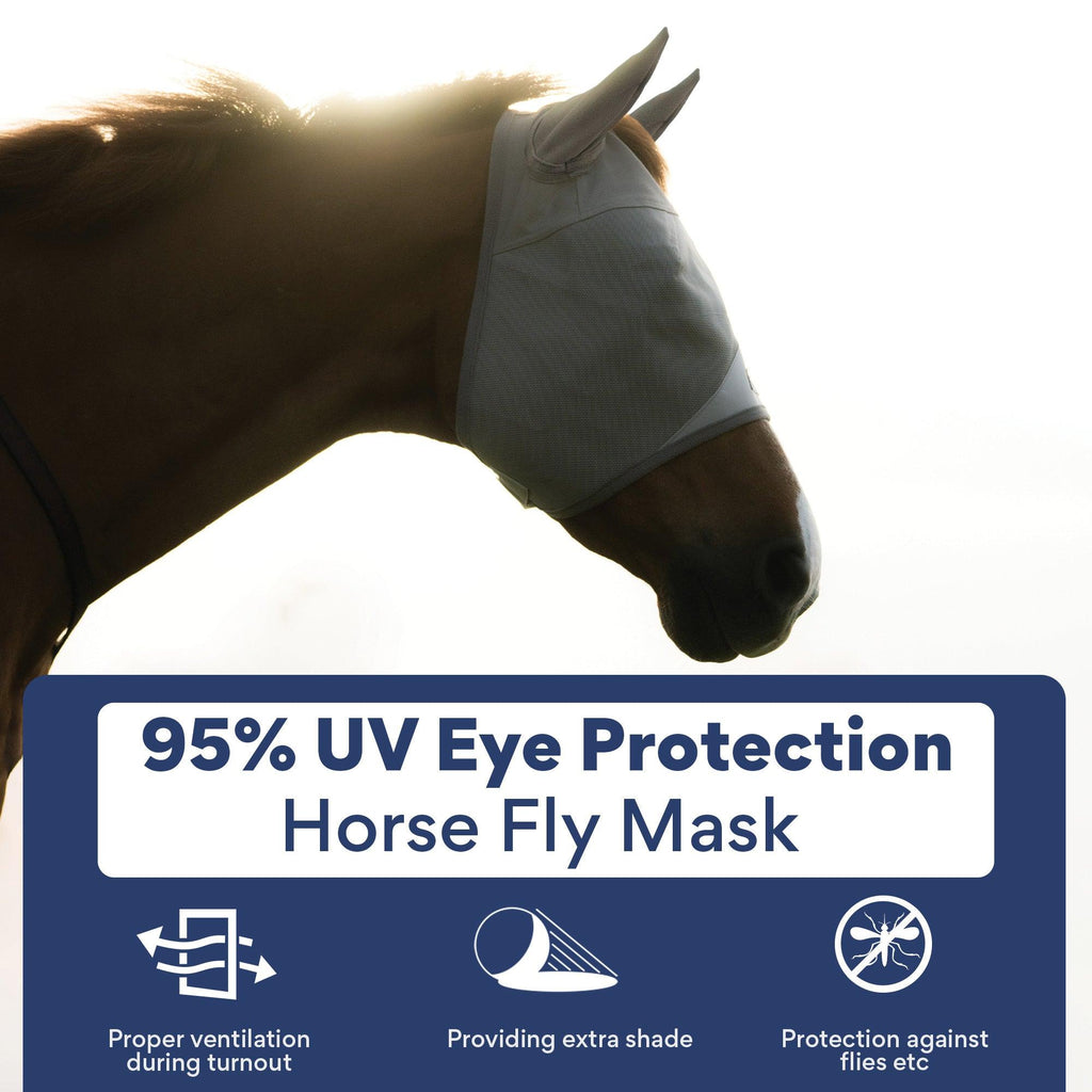 White horse fly mask with ear covers, crafted for durability and style, offering exceptional protection during turnout and recovery from eyelid injuries.