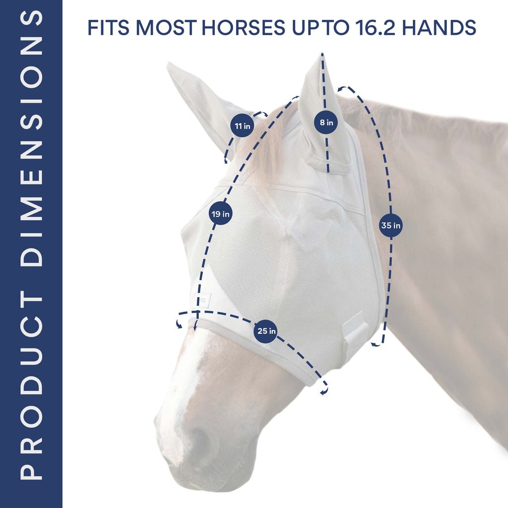 Soft ear-protecting fly mask for horses with snug, lightweight design