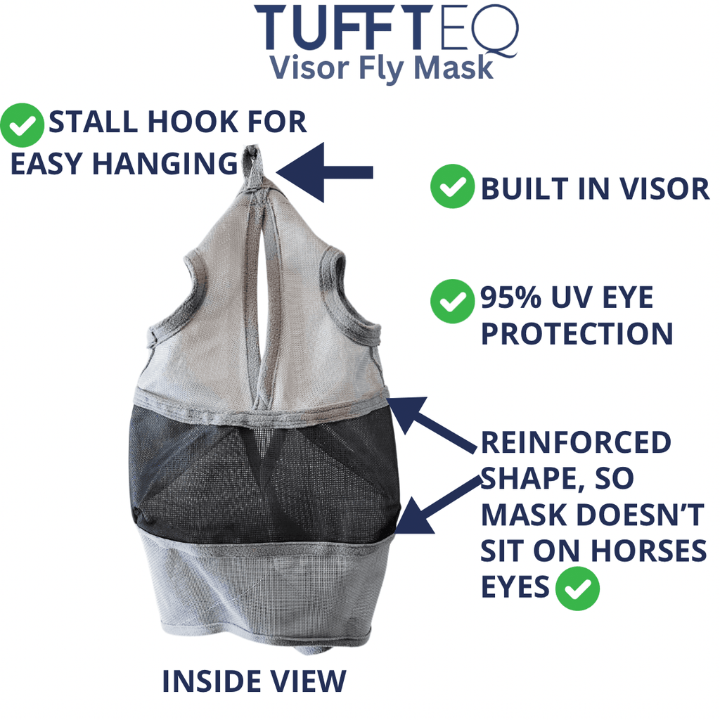 White horse fly mask with ear covers, crafted for durability and style, offering exceptional protection during turnout and recovery from eyelid injuries.