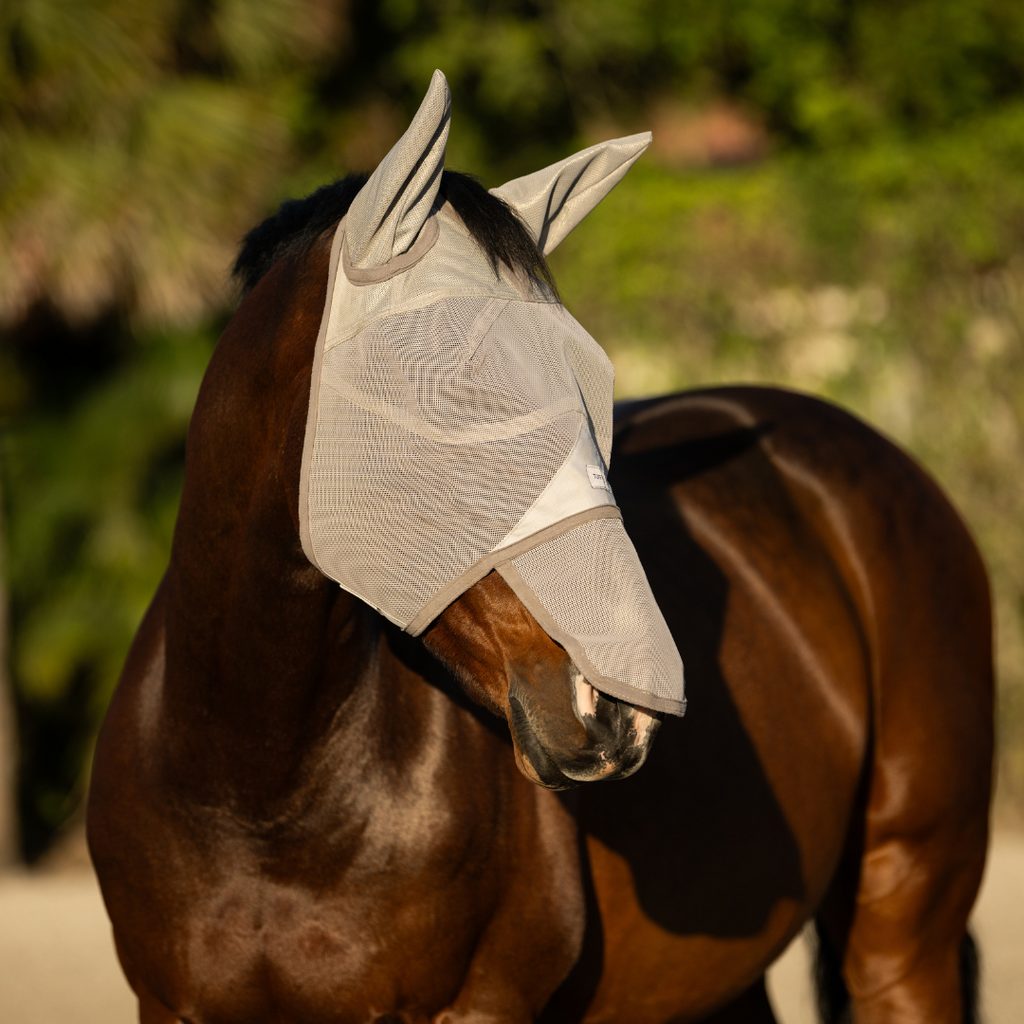 UV protection fly mask for horses with ears and long nose panel