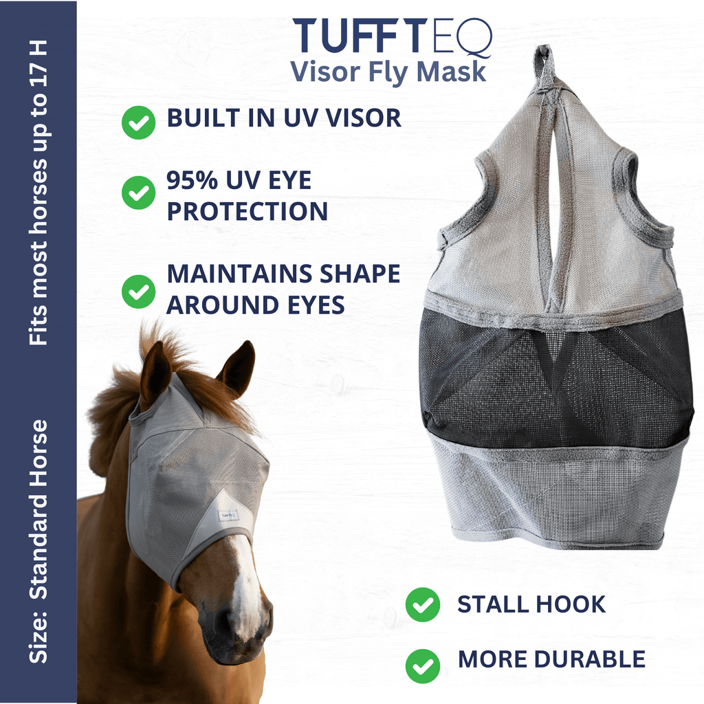 Adjustable horse fly mask with ear covers, designed for Arabian horses, offering lightweight comfort and built-in hanging hook for easy storage.