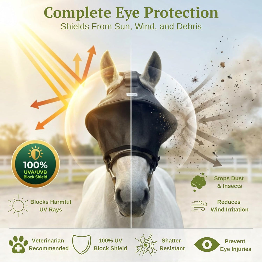 TUFFTEQ 100% UV Eye Protection – Horse Fly Mask Visor for Riding & Recovery, Reinforced Built-in UV Shield, Adjustable Fit, Breathable, Attaches to Halter or Bridle