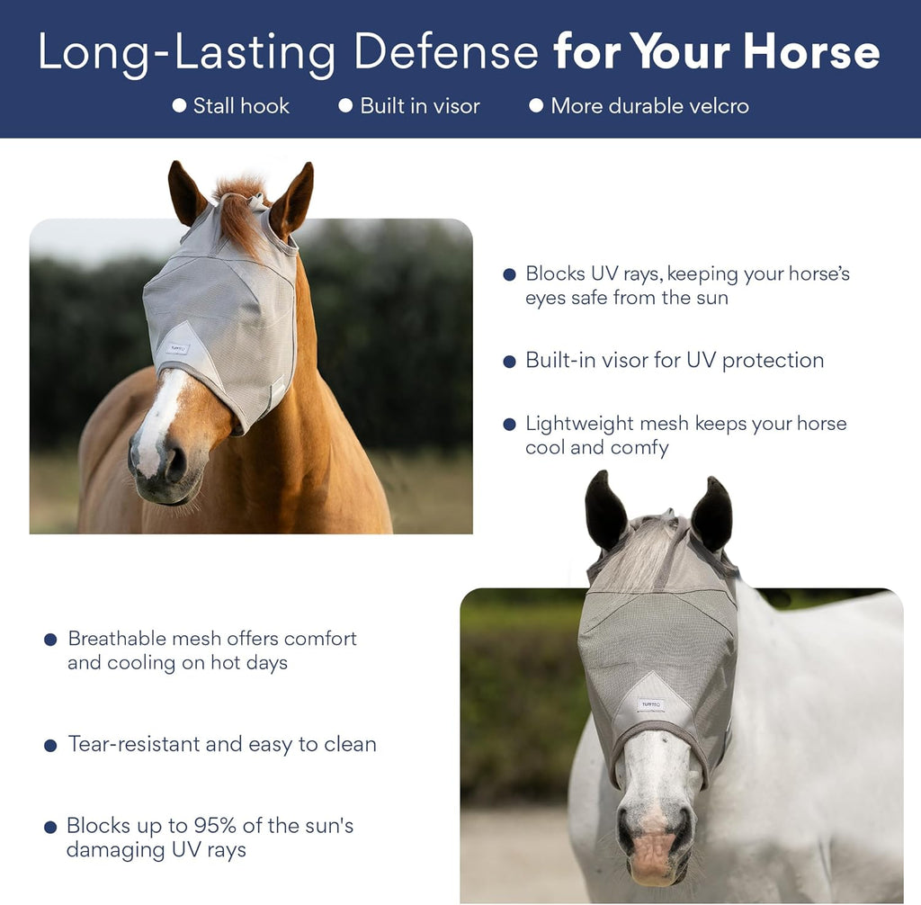 Plus-Size Horse Fly Mask Without Ears Built-in Visor Breathable & Lightweight 95% UV Protection Adjustable Fit for Comfort