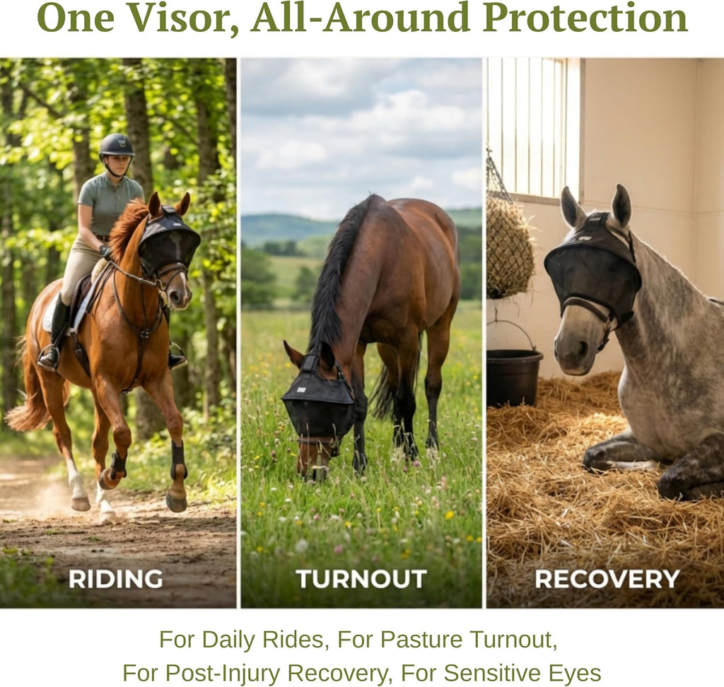 TUFFTEQ 100% UV Eye Protection – Horse Fly Mask Visor for Riding & Recovery, Reinforced Built-in UV Shield, Adjustable Fit, Breathable, Attaches to Halter or Bridle