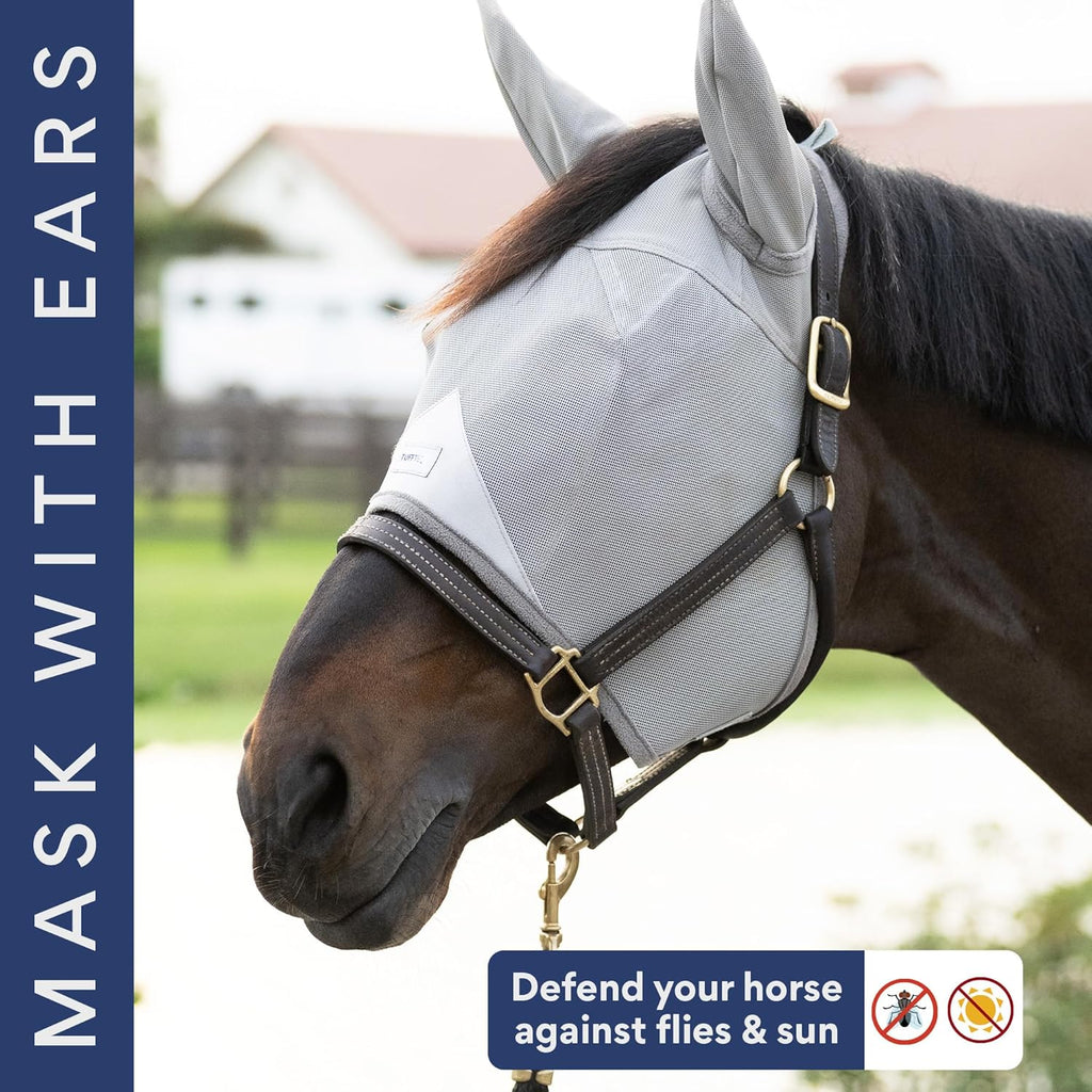 TUFFTEQ Horse Visor Fly Mask With Ears – Plus Size | Built-In UV Visor, Fly Protection, Breathable & Adjustable Secure Fit
