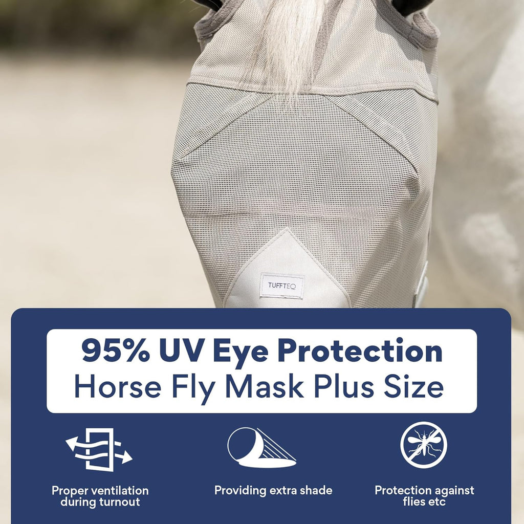Plus-Size Horse Fly Mask Without Ears Built-in Visor Breathable & Lightweight 95% UV Protection Adjustable Fit for Comfort