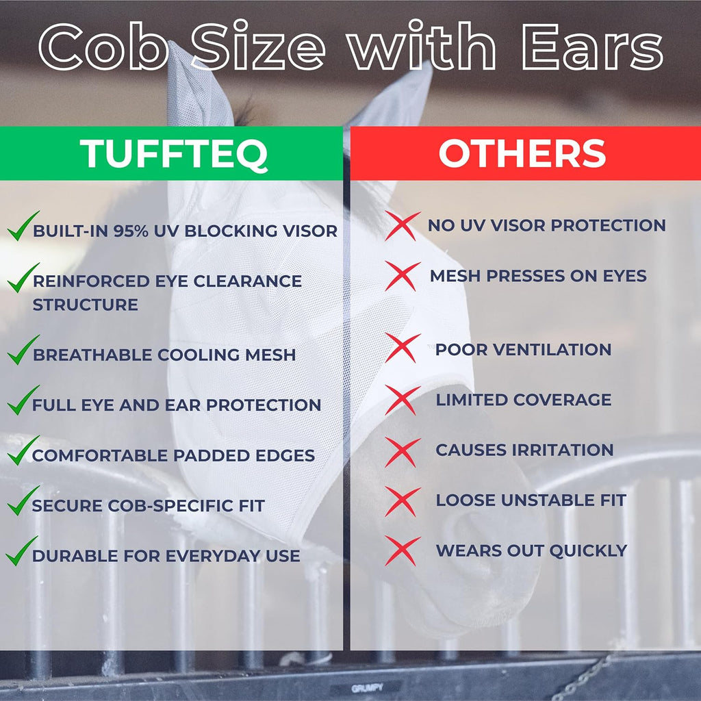 TUFFTEQ Cob/Large Pony Visor Fly Mask With Ears – 95% UV Eye Protection, Breathable & Durable Mesh