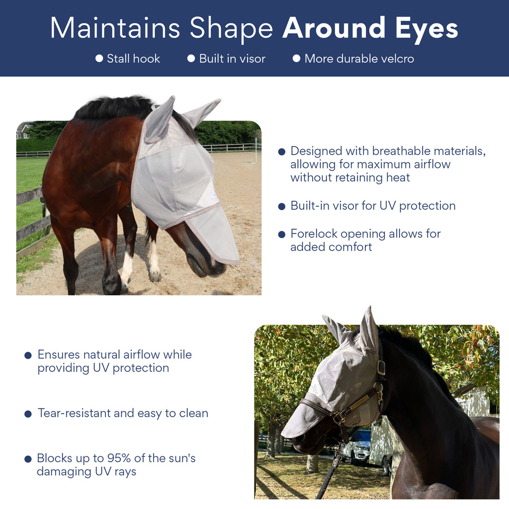 Horse fly mask with ears and nose cover, tailored for superior eye protection and pest defense, perfect for equine health during summer turnout.