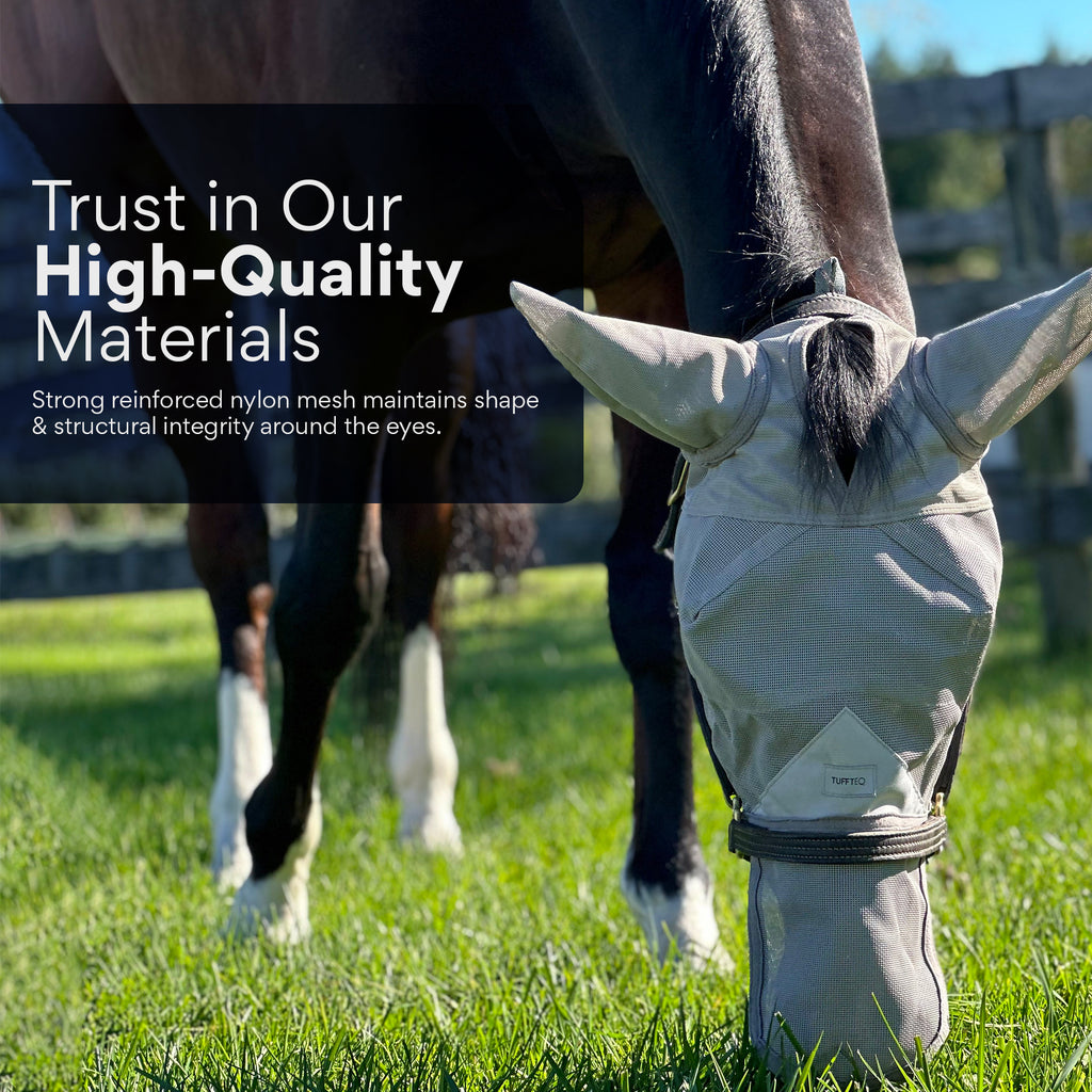 Breathable fly mask for horses with ears, featuring reinforced materials and a visor for maximum sun protection and glare reduction.