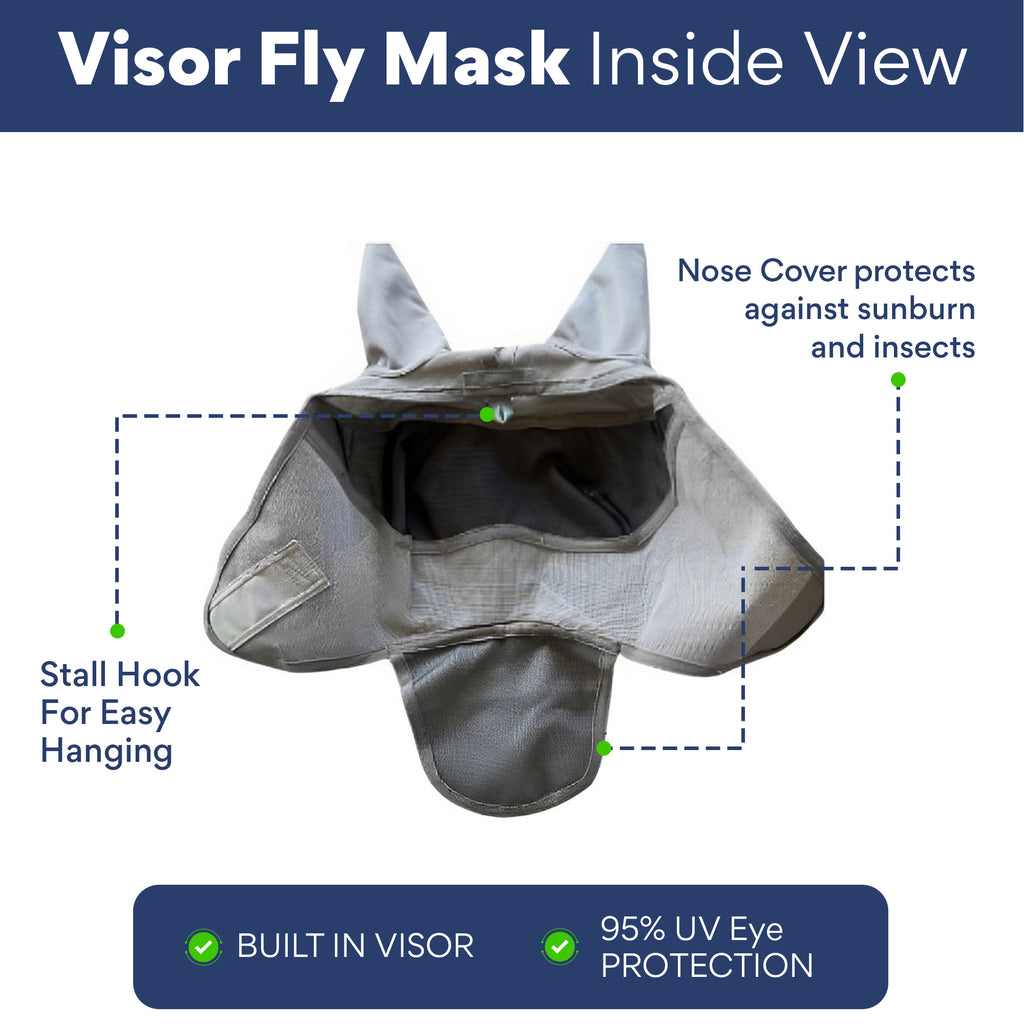 Cashel-style horse fly mask with nose cover, ideal for horses with light-colored eyes, providing UV defense and protection against environmental irritants.