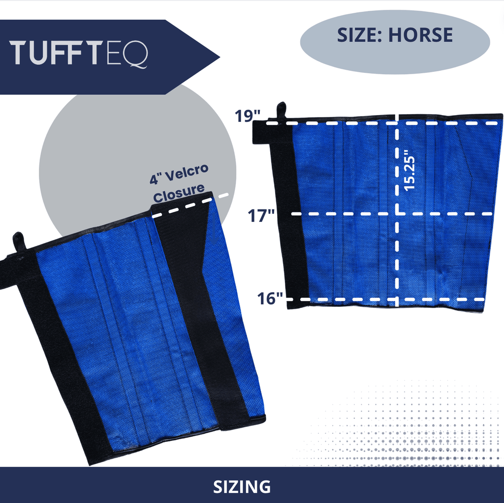 Adjustable TUFFTEQ fly boots with extra-wide Velcro straps, providing a snug yet flexible fit, perfect for horses of all sizes and outdoor activities.